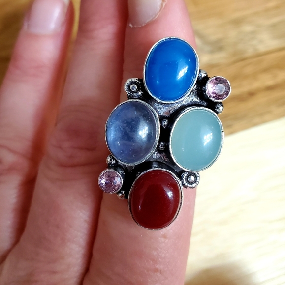 New Oversized Chalcedony, Iolite, Carnelian, Amethyst 925 Silver Ring. - Picture 2 of 12